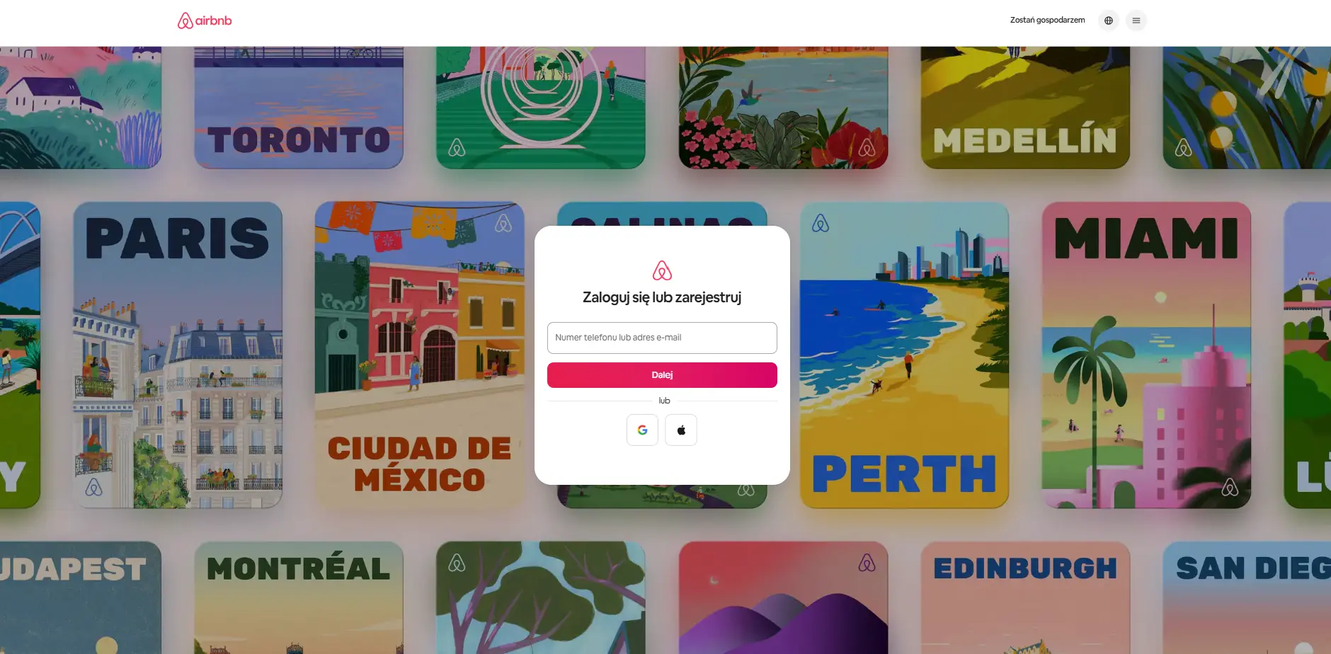 Strona logowania i rejestracji do konta Airbnb