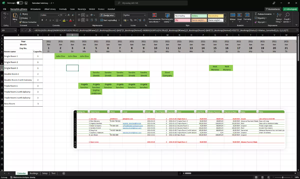 Calendário de reservas em excel