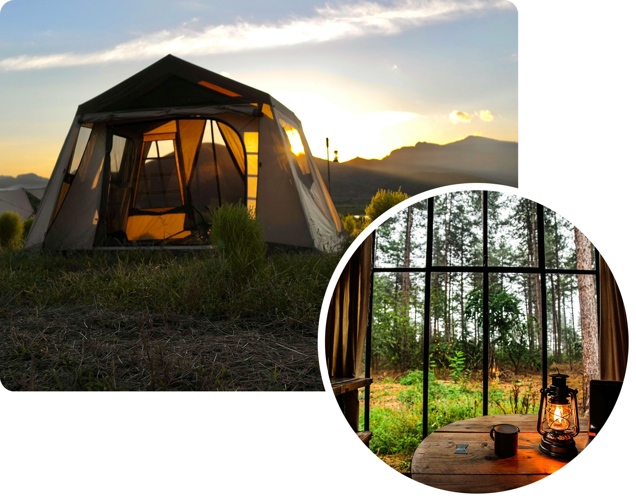 Night view of an illuminated glamping site with a campfire - more efficient property management with the app for hosts.