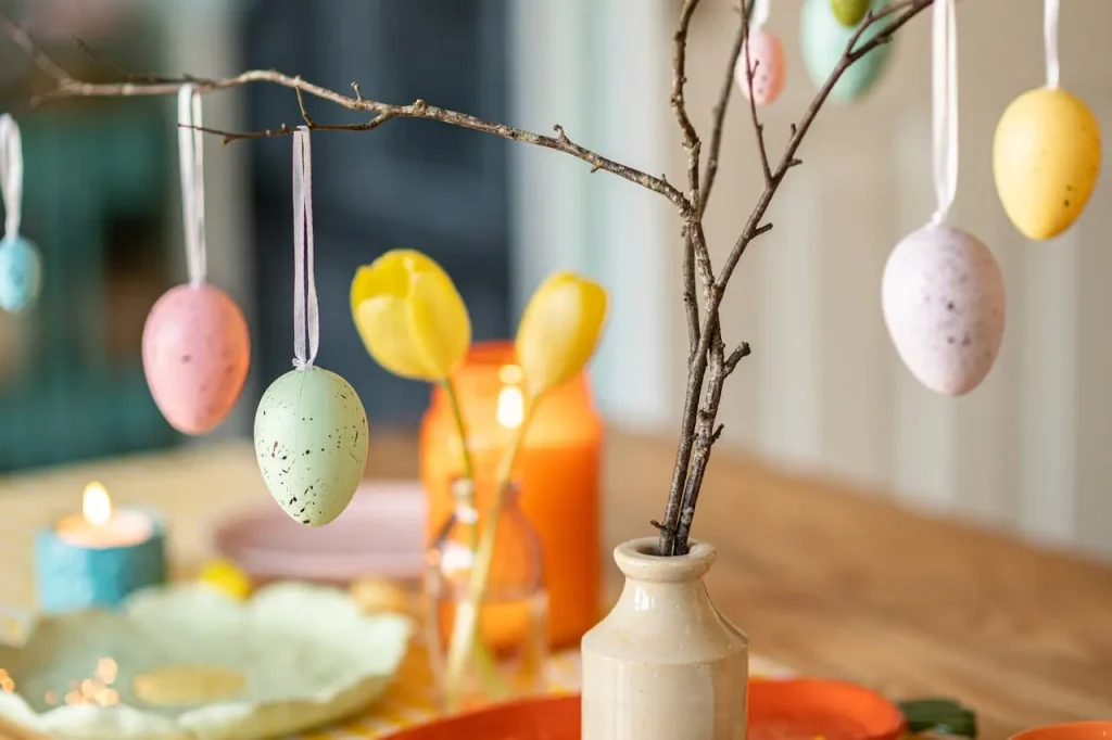 Decoración de Pascua en un apartamento de alquiler: huevos de colores en ramitas