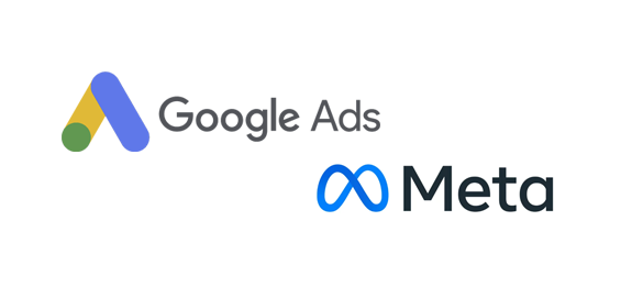 Ikony Google Ads oraz Meta Ads - reklama w wyszukiwarce i mediach społecznościowych