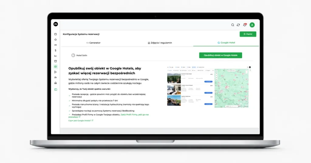 Zakładka Google Hotels w konfiguracji Systemu rezerwacji BedBooking