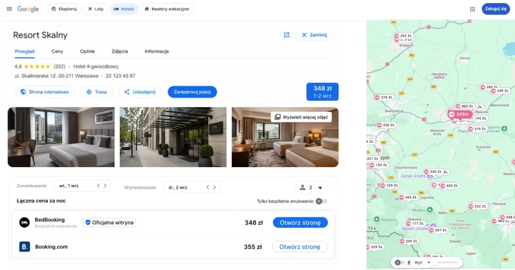 Moduł cen Google Hotels z ceną z BedBooking - rezerwacje bezpośrednie bez prowizji obok ofert portali