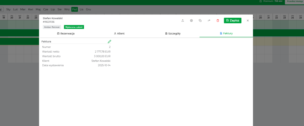 Automatyczne wystawianie faktur KSeF w BedBooking dzięki integracji z Fakturownią - proces pokazany na zrzucie ekranu aplikacji.